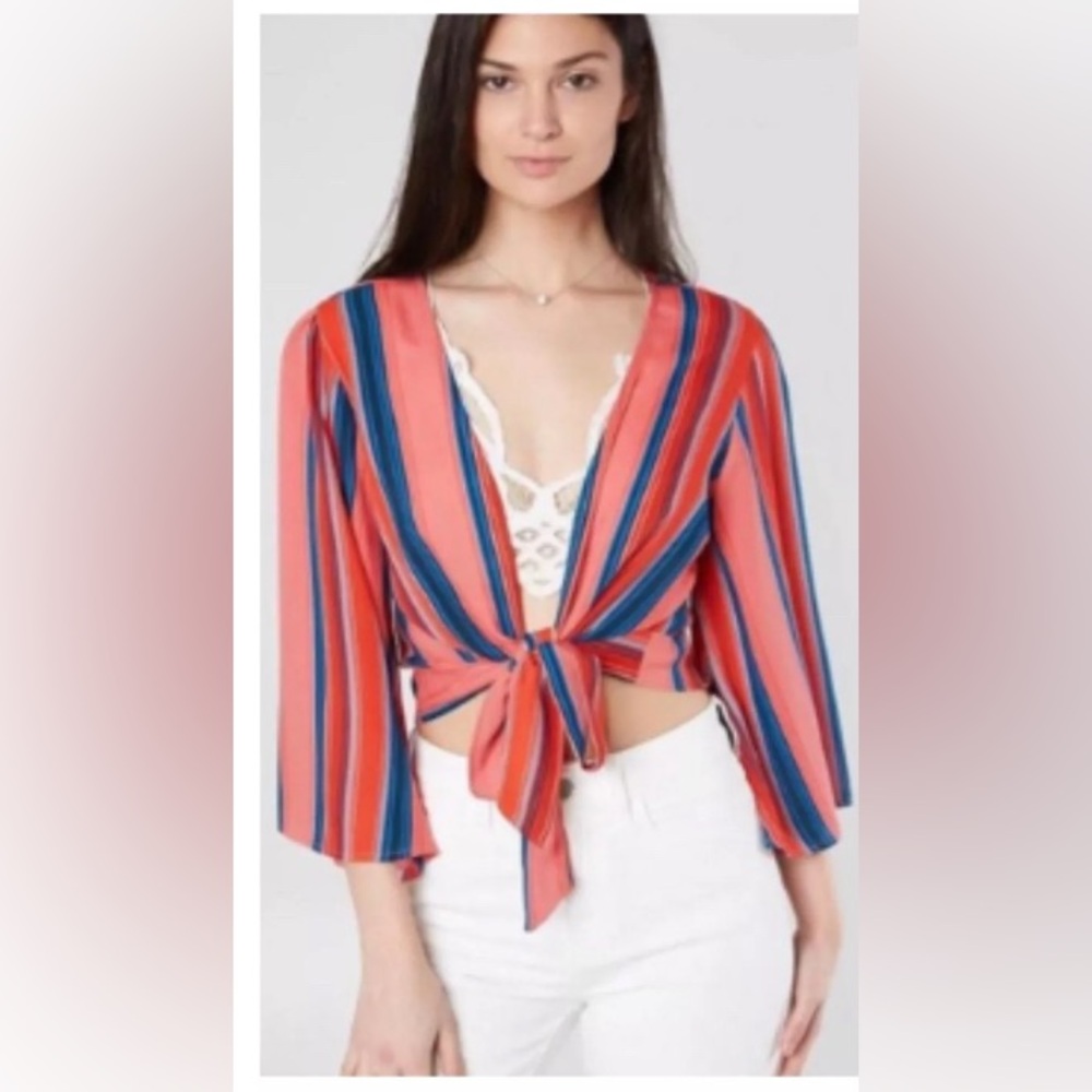 WILLOW & ROOT STRIPED RED BLUE ORANGE BELL SLEEVE TIE FRONT LAYER TOP CARDIGAN